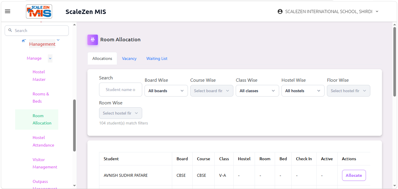 Room Allocation Screen
